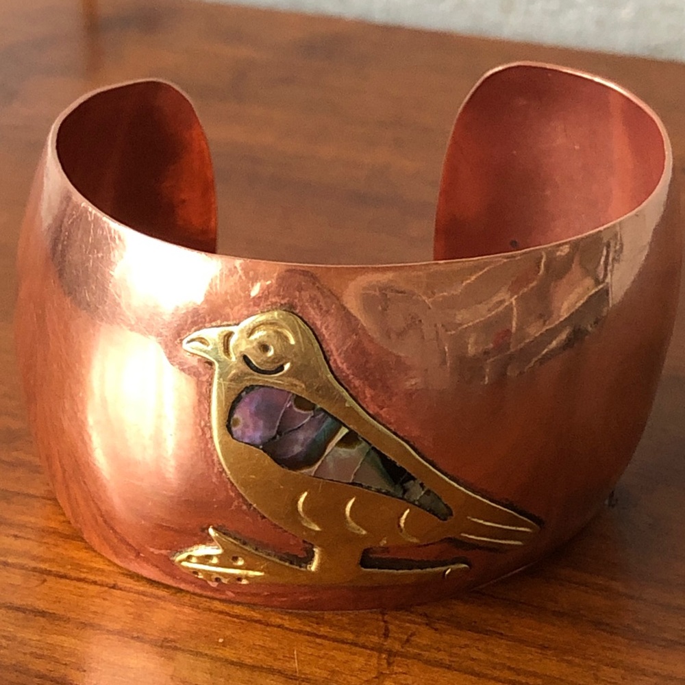 MCM Mixed Metal Copper Brass Abalone Inlay Bird Cuff Bracelet